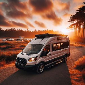 Ford Transit 350 HD extended camper van, van life in Mendocino at sunset-10